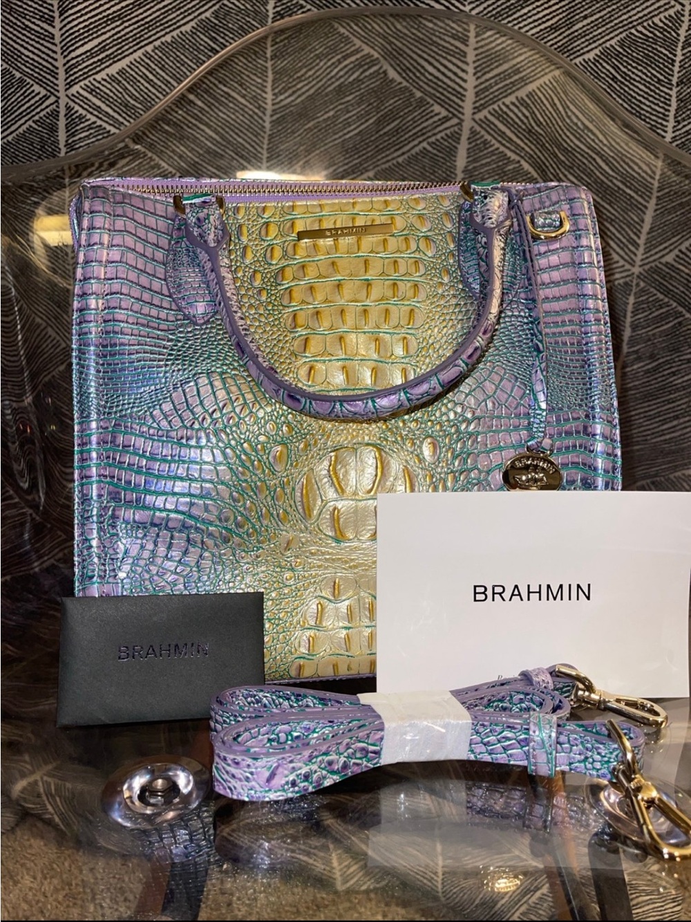 Brahmin Iridescent Lavender and Gold Croc-Embossed Tote with Detachable Strap